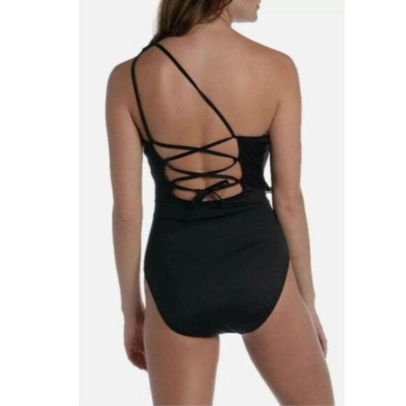 Mynah Womens XL Black One Shoulder Swimsuit Ruched Waist Adjustable Straps - Picture 2 of 9